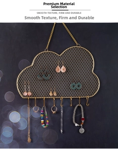 Cloud-shaped golden iron mesh jewelry organizer with bottom hooks for earrings and necklaces