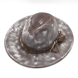 Retro distressed wool felt fedora hat in dark brown with ethnic style vintage ribbon
