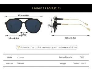 Detailed size chart for pilot sunglasses showing frame width and lens dimensions