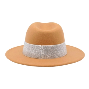 Camel fedora hat with a silver glitter band for men and women in classic French style