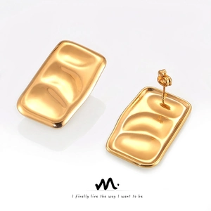 Geometric Rectangular Stud Earrings Titanium Steel Gold Plated Wavy Texture Concave Design Minimalist Niche Jewelry