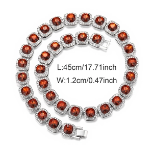 12mm hip-hop tennis chain with orange-red square crystals and pave diamonds, 45cm long