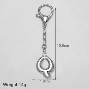 Polished silver letter Q keychain with hook and chain measuring 10cm total length