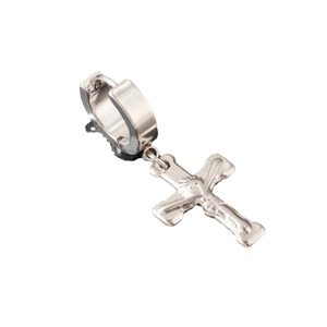 Silver stainless steel huggie hoop earring with a dangling metal cross pendant