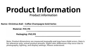 Specifications for Christmas ball set in coffee and champagne gold made of PVC and PE