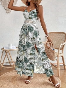 Elegant tropical floral print maxi dress with waist cut-out and side slit for summer