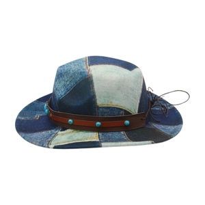 Two-tone denim cowboy hat with leather band and turquoise beads on white background