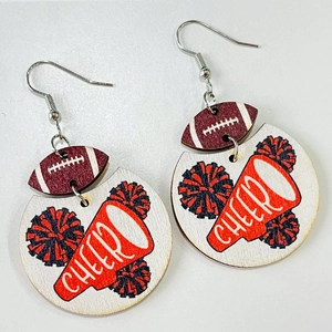 Wooden cheerleading football earrings with printed megaphone and pom poms design