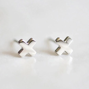 Minimalist silver cross stud earrings in stainless steel with polished metallic finish
