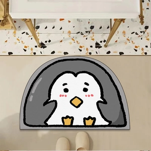 Semicircle grey bathroom mat with cute white duck design on terrazzo floor