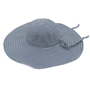 Blue and white striped wide brim sun hat with bow detail, perfect for beach UV protection