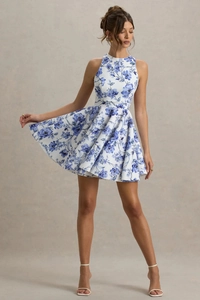 Detail of blue floral halter mini dress with a pleated A-line silhouette and high waist