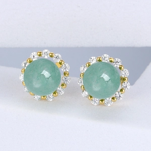 Elegant S925 silver stud earrings with round green aventurine and zircon in gold finish