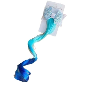 Kids gradient blue hair extensions with glitter bow clip and wavy synthetic braids