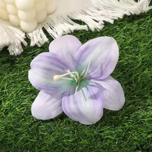 Close-up of purple and white gradient lily hair clip on a green grass background
