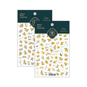 Embossed yellow flower nail art stickers set with floral leaf designs for manicure