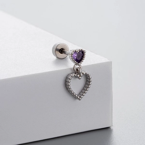 Titanium steel stud earring with purple heart zircon and hollow heart charm pendant