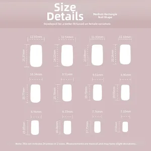 Size chart showing dimensions for medium long square press-on nails with 12 sizing options