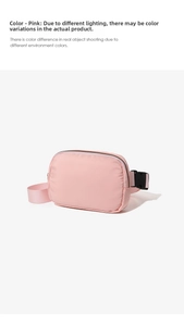 Detail view of pink nylon sports waist bag with black zipper and adjustable strap