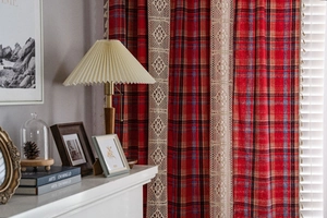 Detail of red plaid American curtain with lace stitching and cotton linen texture
