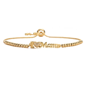 Bracelet ajustable doré I Love Mama avec cœur en zircone pour femmes