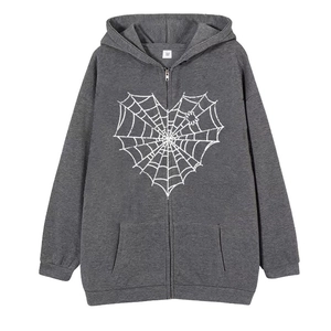 Dark grey zip-up hoodie featuring a heart spider web graphic in a minimalist flat lay