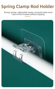 Transparent self-adhesive spring clip holder for curtain rods on green wall background
