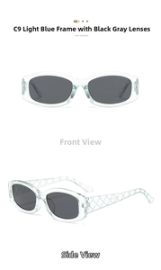 Macro view of translucent light blue plastic frame sunglasses with chic quilted temple texture