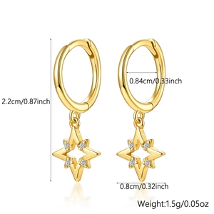 Detailed size specifications of S925 sterling silver star hoop earrings in gold finish