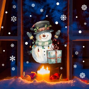 Christmas snowman wall sticker with high hat and scarf on window with snowflakes
