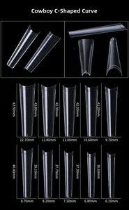 Detailed size chart for extra long flat head C-curve false nail tips in 10 sizes