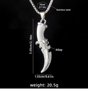 Detailed view of punk scythe pendant with size and material specifications in English