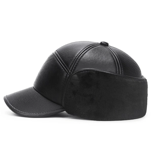 Winter black PU leather baseball cap with ear flaps and warm fur lining for men
