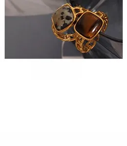Macro shot of vintage titanium steel rings with leopard stone and tiger eye textures