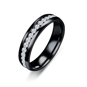 Classic black stainless steel ring with a continuous circle of white zircons inlay