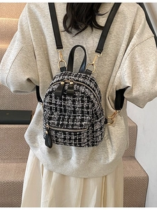 Small Backpack Tweed Boucle Grid Pattern Fashion Elegant Rucksack For Women Girls Korean Style Chic