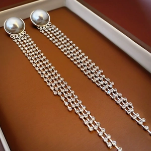 Long Tassel Drop Earrings With Faux Artificial Pearl Zircon Copper Silver Earring Post Elegant Wedding Party Jewelry For Women