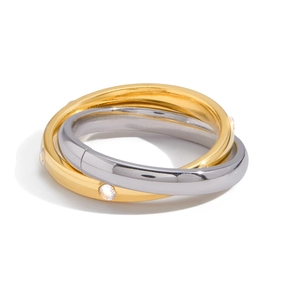 Two-tone intertwined stainless steel rings with zircon stones in gold and silver finish