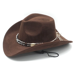 Detail of brown suede cowboy hat featuring beaded decorative band and windproof chin strap