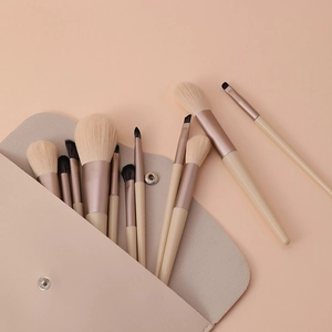Morandi 12-piece makeup brush set with soft bristles and beige leather storage pouch