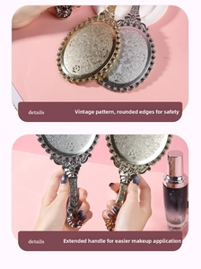 Detail showing vintage embossed floral patterns and ergonomic handles on hand mirrors