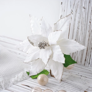 40cm large white Christmas poinsettia with silver glitter and velvet petals decor