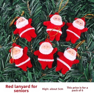 Set of 6 mini red Santa Claus dolls with gold strings on green pine needles, 5cm tall