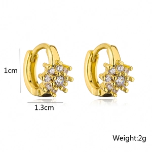Detailed specs of 18K gold earrings with zircons showing 1cm size and 2g weight