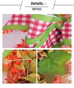 Detail of autumn wreath featuring plaid ribbons and realistic orange artificial flowers