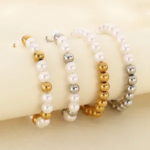Stainless Steel Glass Artificial Pearl Beaded Bracelet Women Fashion Elegant Jewelry Lobster Clasp Adjustable Chain Spliced Design
