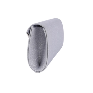 Side view of silver glitter clutch bag showing rounded profile and metallic trim detail