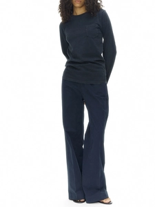 Navy blue crew neck long sleeve cotton T-shirt paired with wide leg pants for women