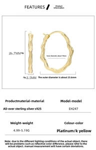 Detailed size specifications of irregular wave texture S925 sterling silver hoop earrings