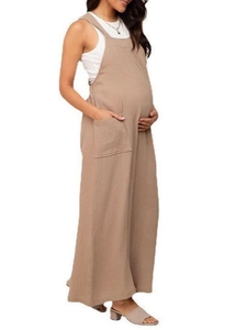 Beige maternity wide-leg overalls made of breathable linen with side pockets